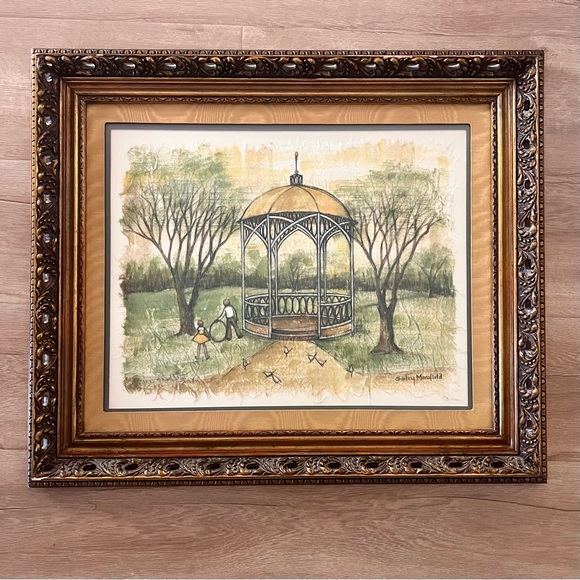 Vtg Original Shirley MansfieldPainting‎ In The Park Gold Carving Wood Frame